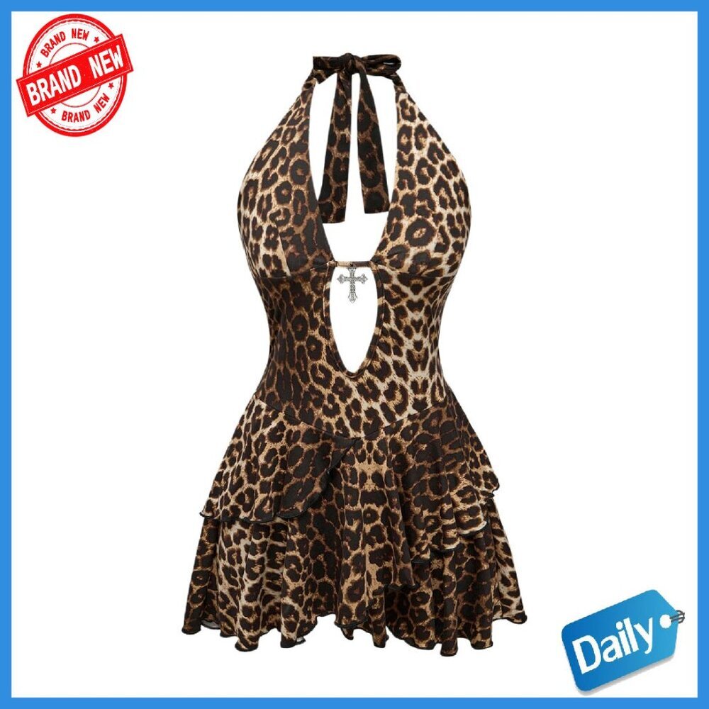 Plus Size Halter Dress Backless Ruffle Mini Tiered Stretch Fabric
